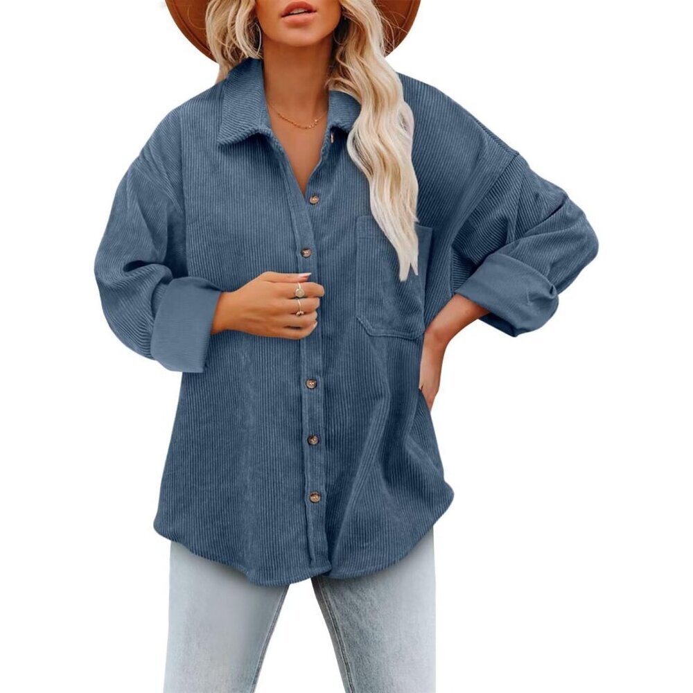 Women Blue Collared V Neck Button Down Oversized Long Sleeve Shirt Top